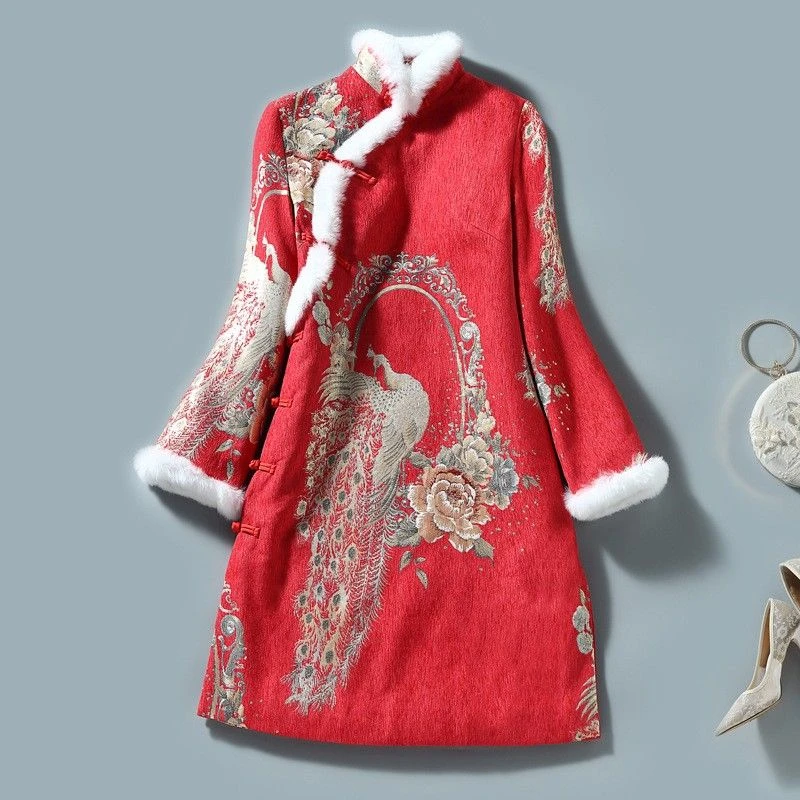 孔雀提花中式复古旗袍棉服兔毛立领加厚保暖改良旗袍棉衣外套冬款