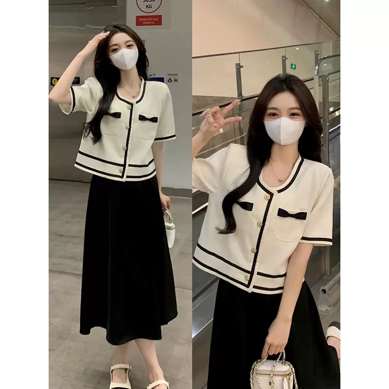 【现货】小香风套装高级感气质短袖上衣黑色半身裙两件套1554