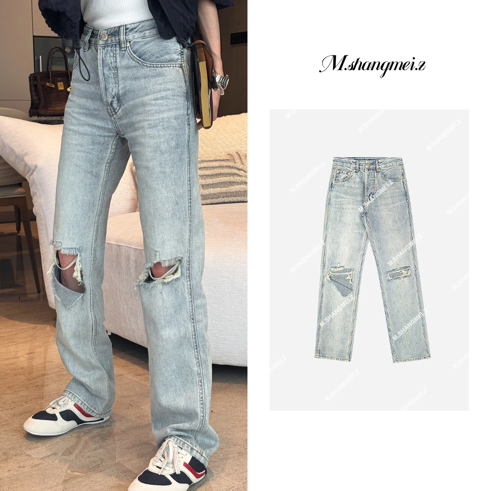 M.SHANGMEI.Z/沐熙【腿精神裤】美大哥街头风膝盖破洞牛仔裤X032218