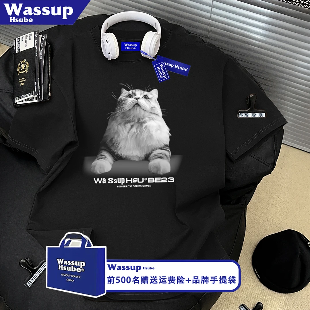 WASSUP HSUBE简约个性猫咪字母印花黑色短袖T恤男女夏季情侣上衣