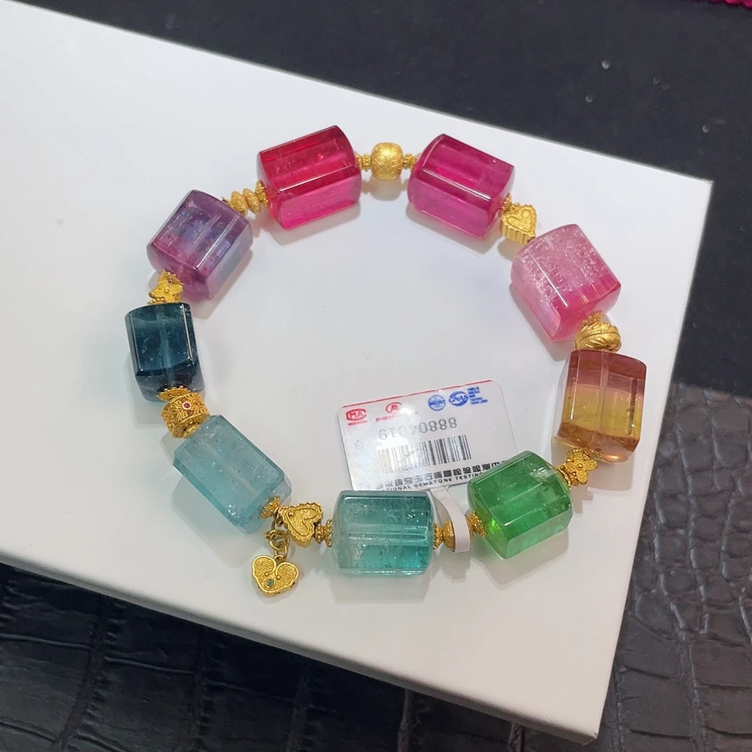 碧玺手链18K金镶嵌 藏品级 色标净体方糖 10-11+mm