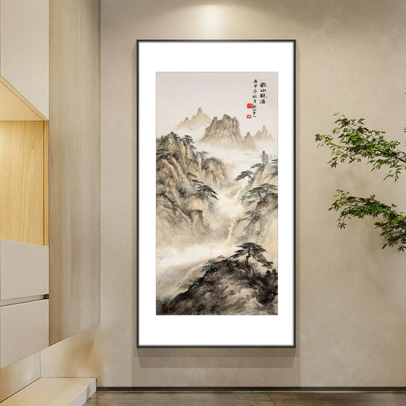 秋山观瀑图高清复刻装饰画玄关书房茶室挂画道玄关山水画竖版壁画