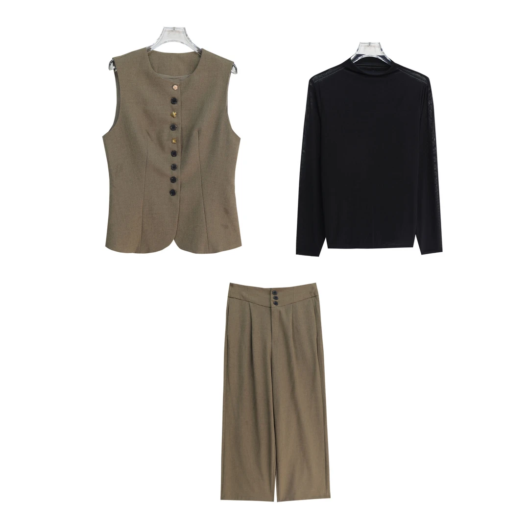 新款时尚名媛马甲打底显瘦套装裤百搭三件套S2933