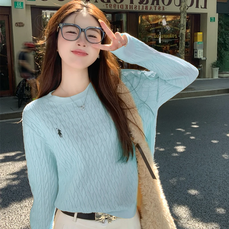 软糯蓝色套头麻花毛衣打底衫女秋冬高级感可外穿2025新款内搭上衣