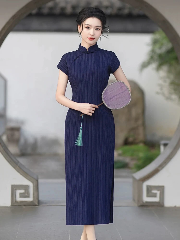 可以穿着上班的旗袍复古2025年新款夏季改良年轻款中式弹力深蓝色