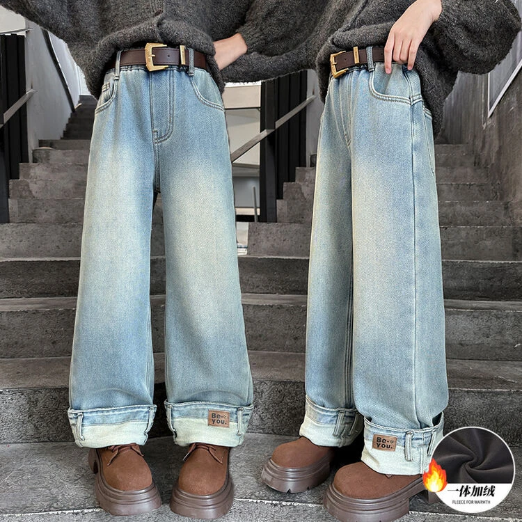 【丫丫童品】女童翻边脚口贴标加绒牛仔裤保暖休闲裤子G292