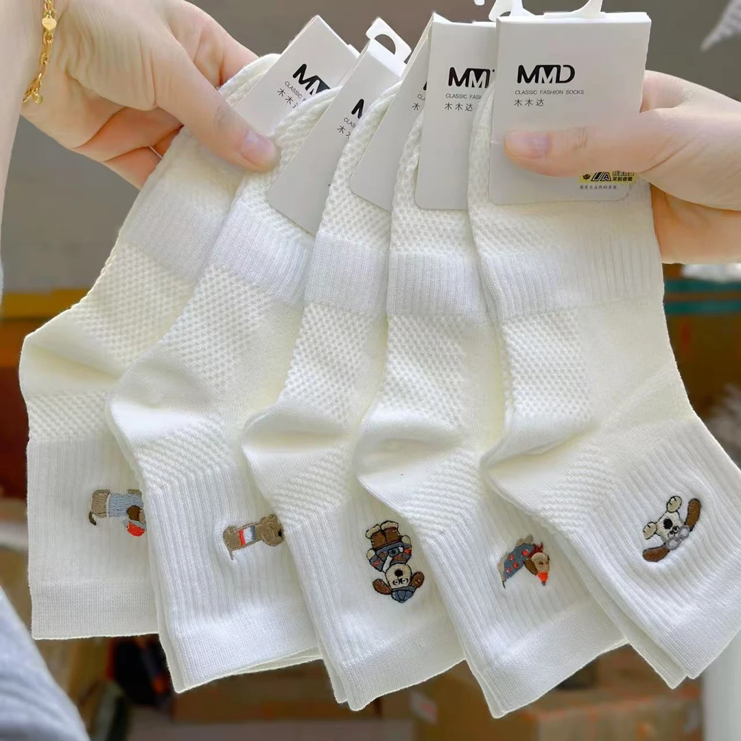 5双装 刺绣薄款女中筒袜子潮流百搭韩版可爱个性运动透气女薄款