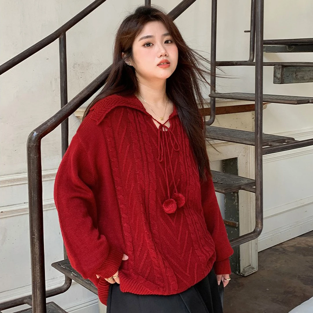 特大码女装红色休闲慵懒风针织衣女胖mm秋冬韩系时尚简约气质上衣