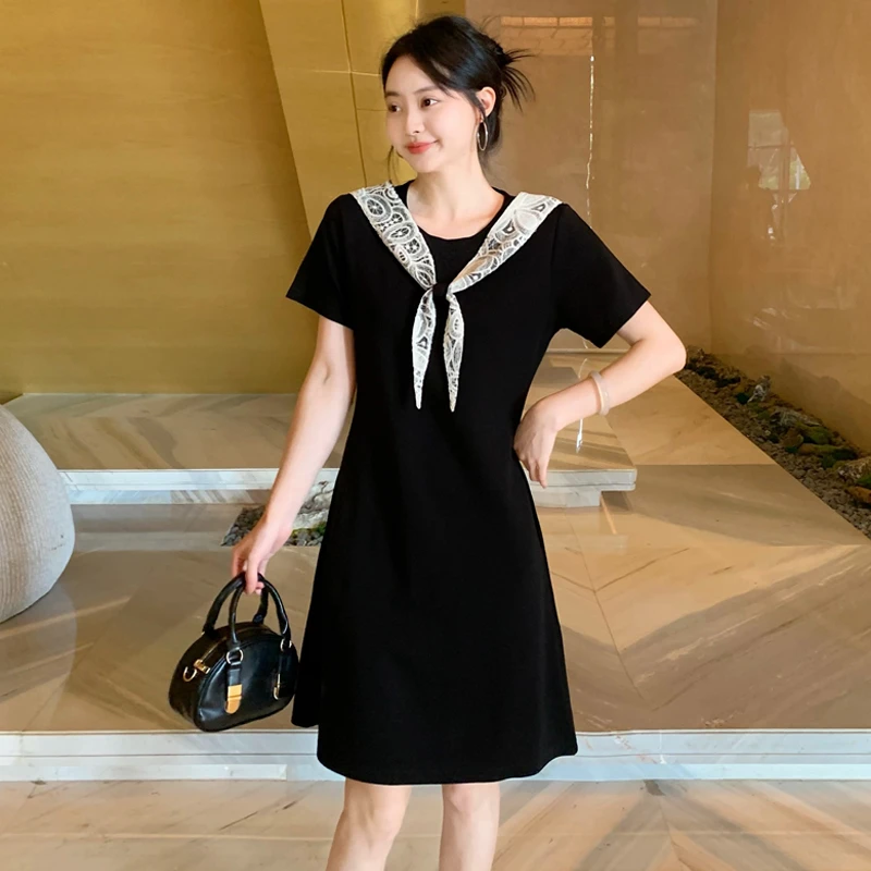 2025夏季新款法式风显瘦蕾丝领结连衣裙胖mm遮肉收腰气质A字裙686