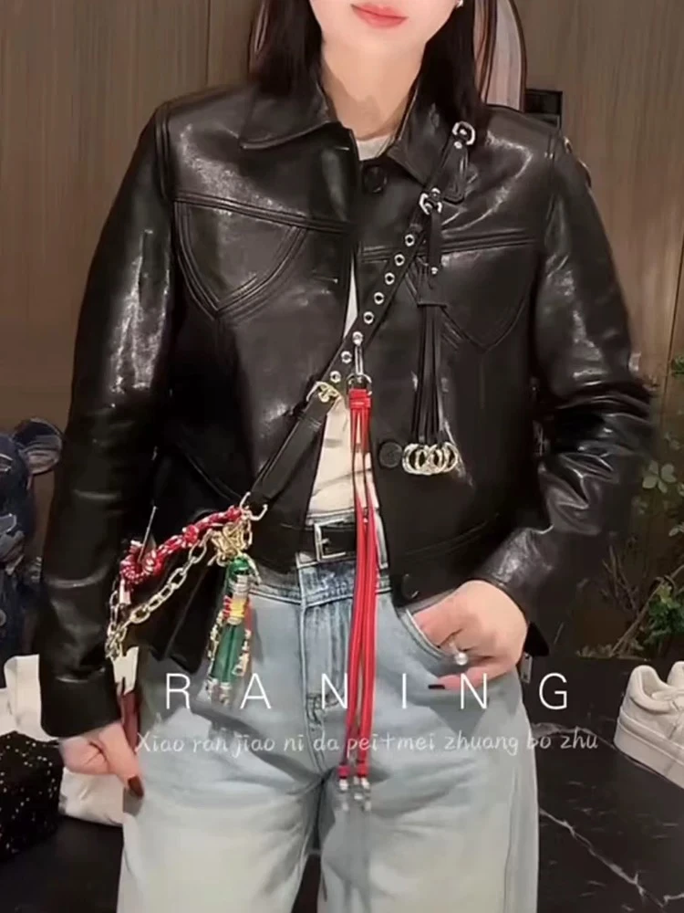 2025春新款小然同款美式高级感翻领机车皮衣女显瘦复古夹克外套