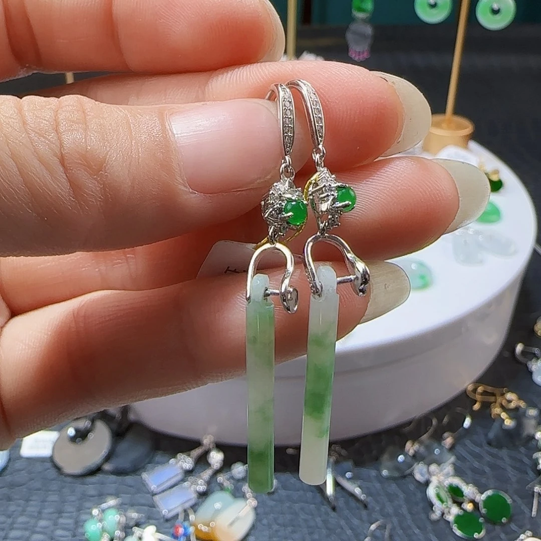 翡翠银S925镶嵌耳饰天然缅甸a货翡翠