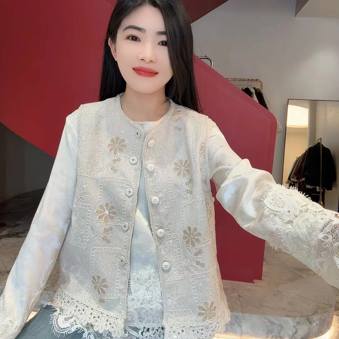 QC 252522 春新款国风刺绣马夹蕾丝拼接叠穿坎肩