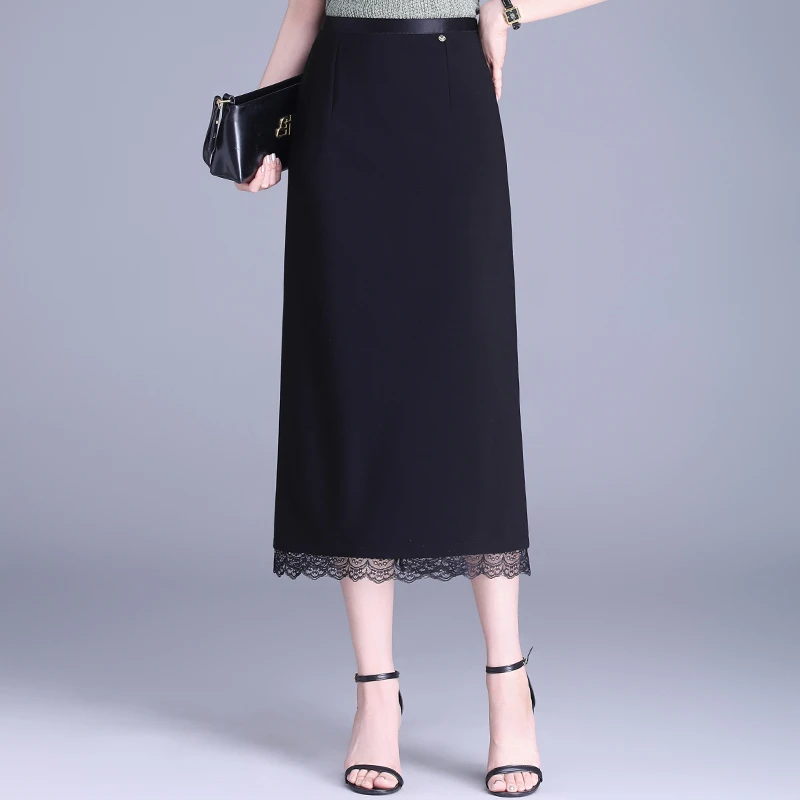 黑色通勤蕾丝边包臀半身裙女2025春夏新款高腰修身中长款直筒裙子