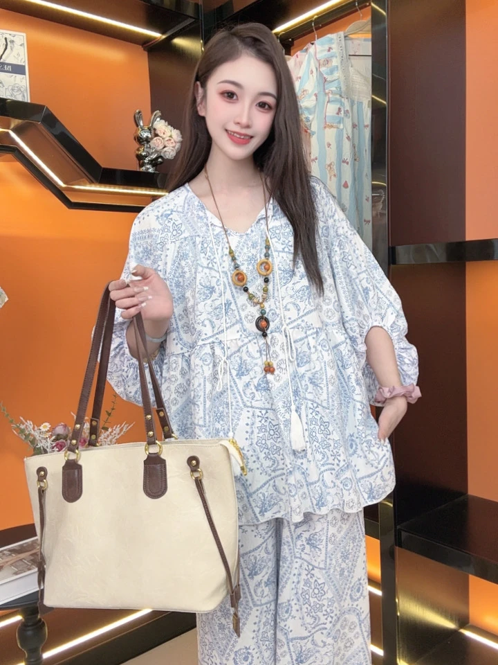 2025新款银丝底布青花瓷小衫套装夏秋季休闲薄款女睡衣家居服