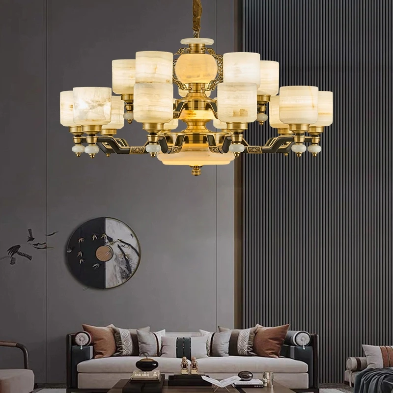 全铜玉石新中式吊灯别墅复式楼客厅灯餐厅卧室高端大气家用灯具