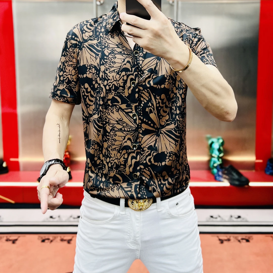 2025夏季新款时尚男士冰丝修身潮流花卉提花翻领百搭短袖衬衫