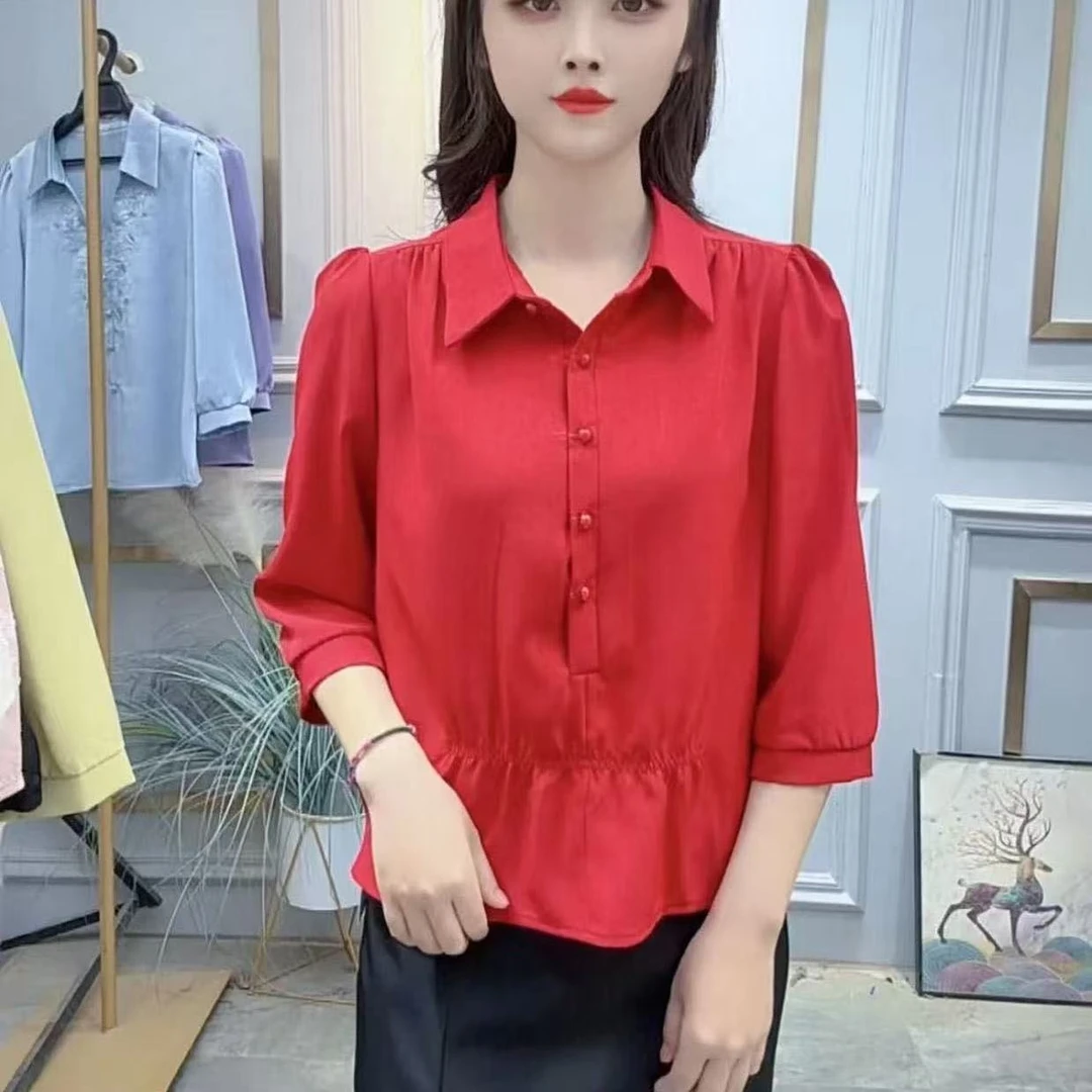 POLO领套头常规夏季新款衬衫百搭遮肚子中袖女装遮肚子显瘦小衫女