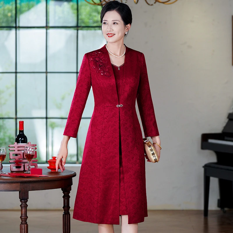 秋冬新款儿子结婚妈妈婚宴背心连衣裙高贵气质大码6XL外套礼服