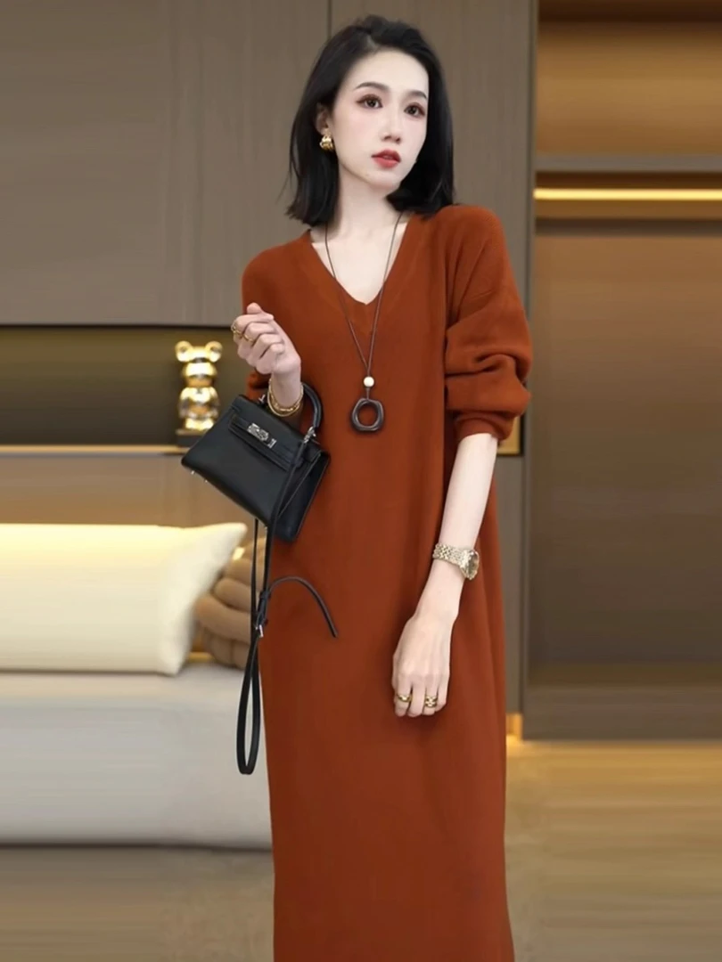 爆款气质V领百搭松弛感毛衣裙子秋冬新款时尚洋气显瘦针织连衣裙