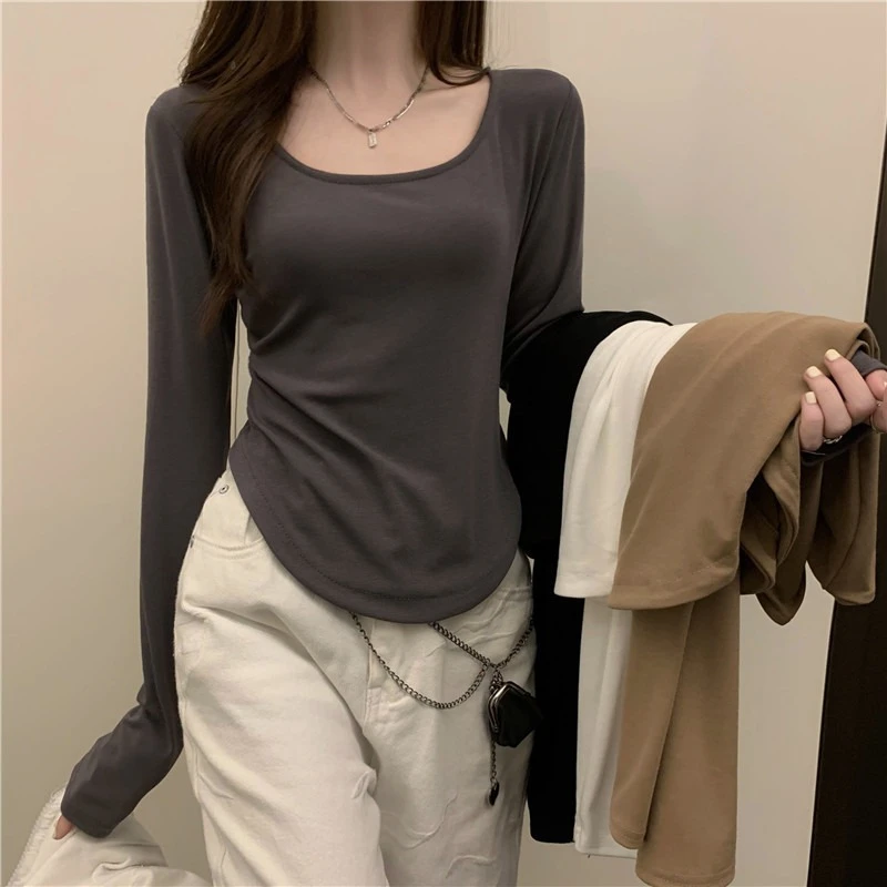 长袖恤女式秋冬新款潮不规则修身学生休闲短款上衣少女打底衫