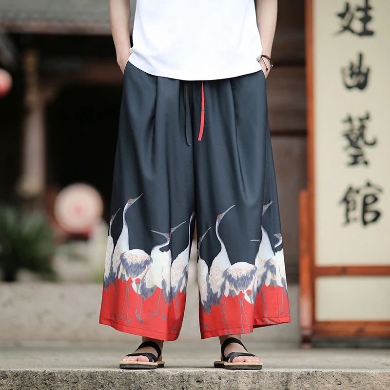 新中式冰丝裤子男夏季薄款复古风宽松大码中国风印花直筒阔腿裤潮