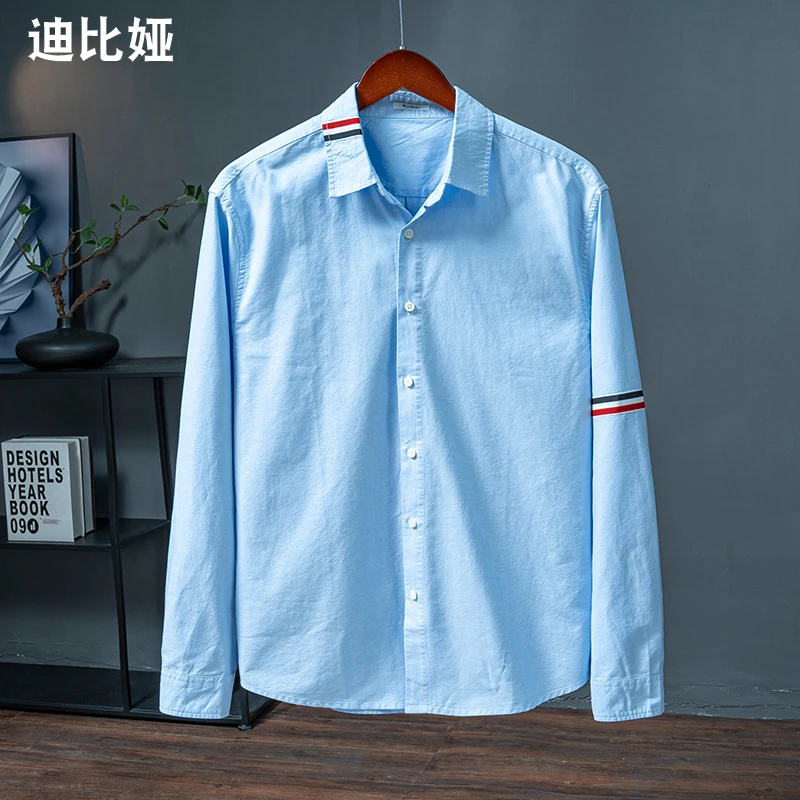 迪比娅全棉方领衬衫男长袖拼色三条扛柔软上衣通勤商务纯棉衬衣Y