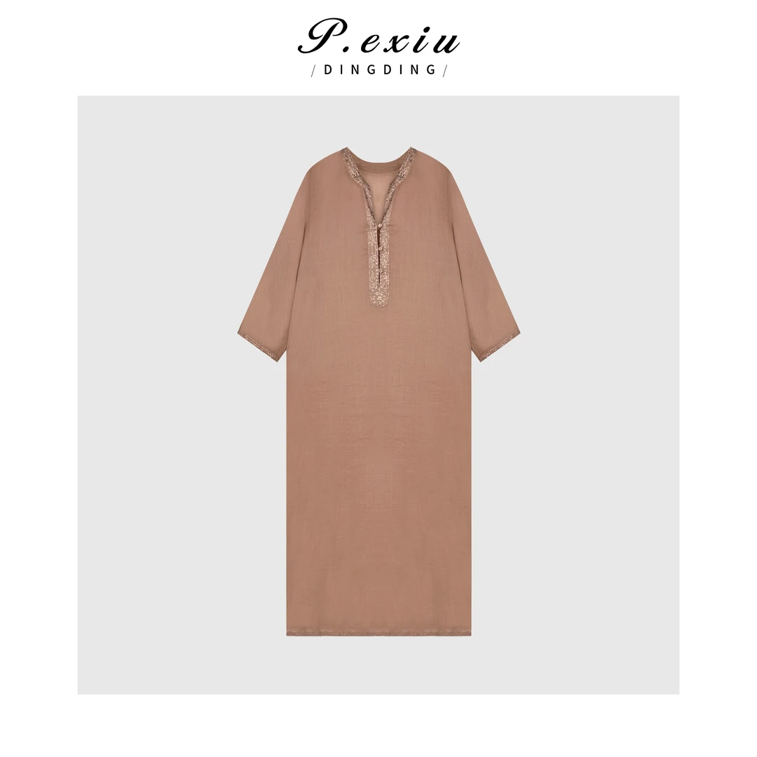 PanYiXiu/潘依绣【干枯玫瑰】100%苎麻轻奢中式连衣裙两件套W-63232