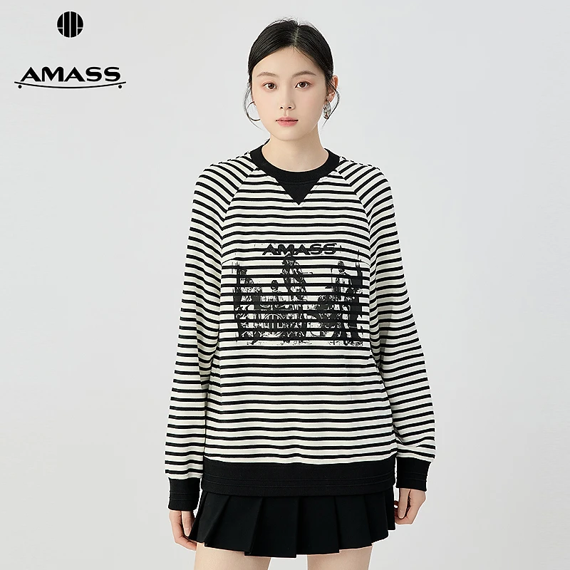 阿玛施AMASS休闲百搭字母logo钉珠压花圆领廓形长袖T恤女5301072