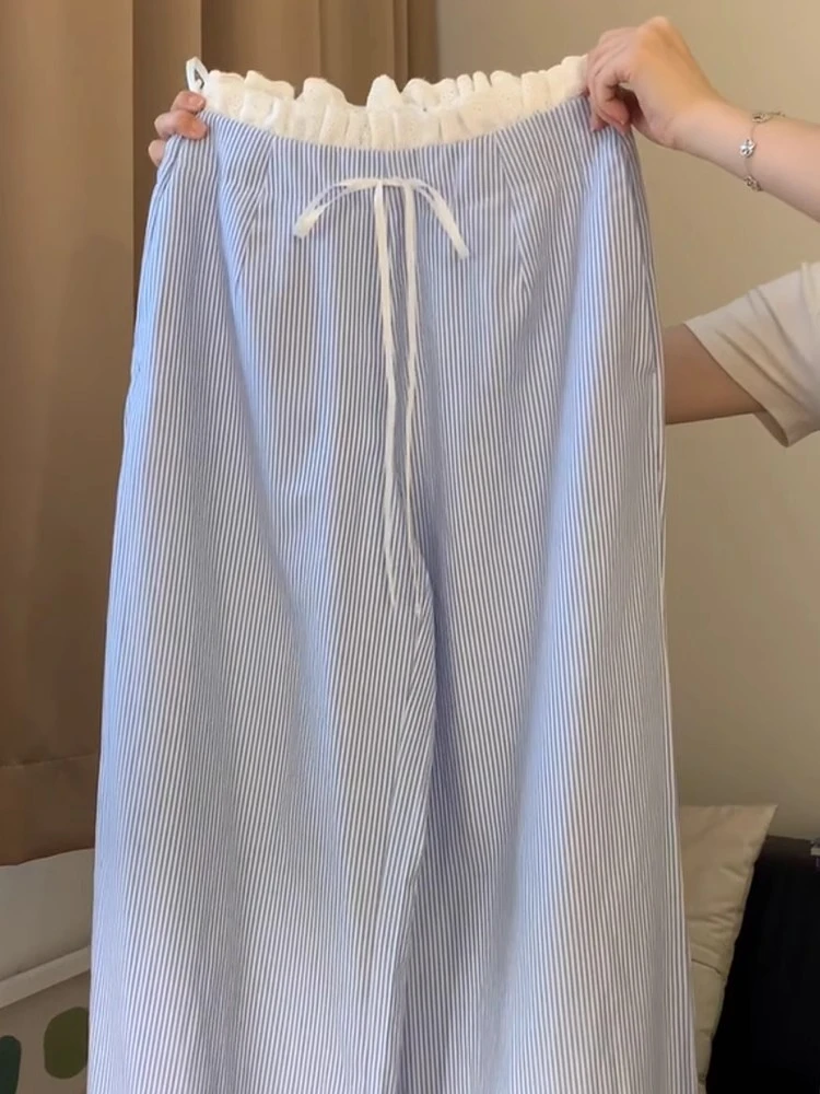 chao级推荐！韩系温柔小清新蓝色条纹裤女木耳腰拼接小个子阔腿裤