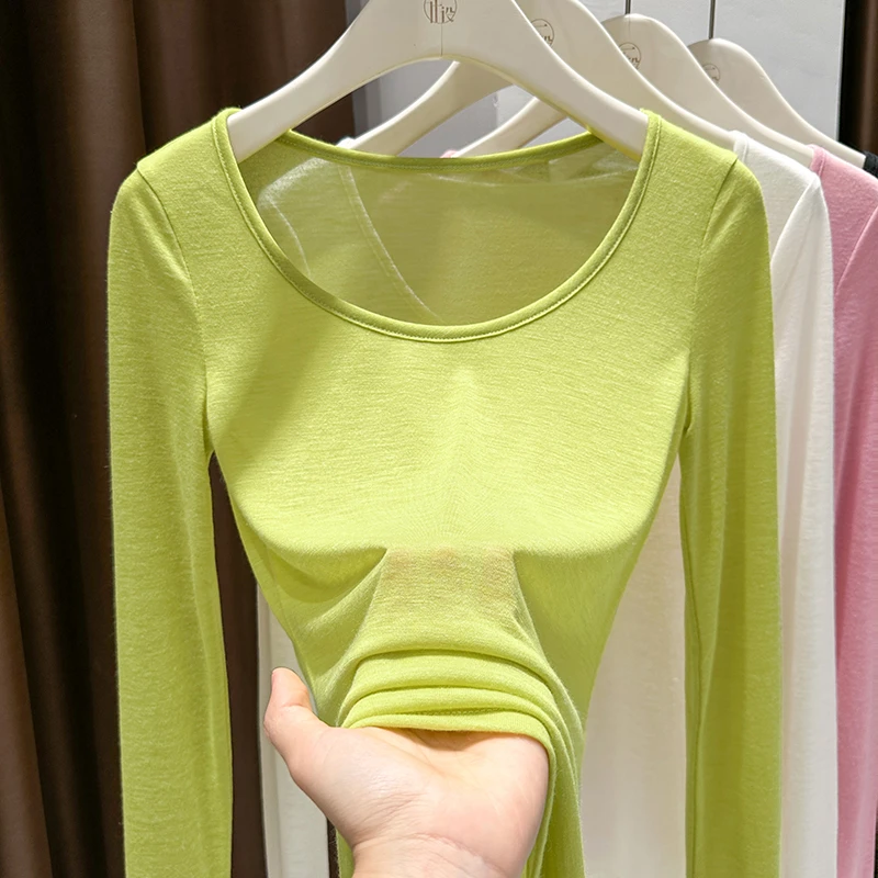 黄色修身显瘦T恤上衣女款内搭2025春季新款大圆领长袖百搭打底衫