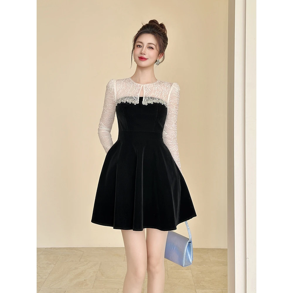 法式温柔风蕾丝连衣裙女小洋装富家千金小个子减龄赫本风收腰裙子