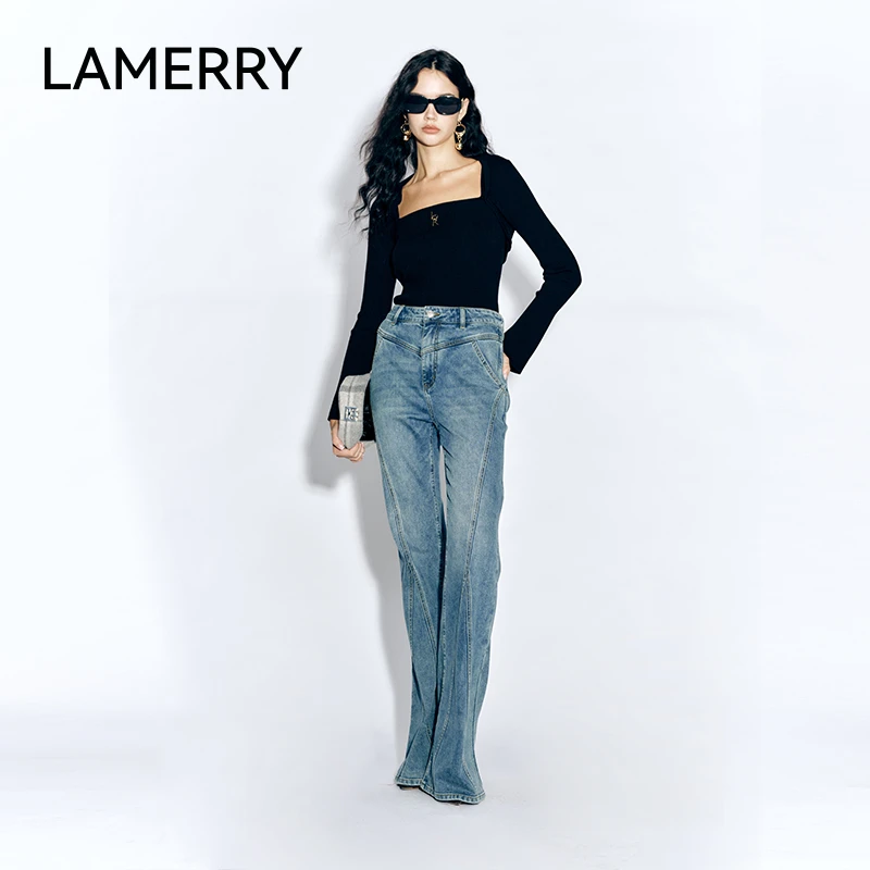 lamerry/朗美睿牛仔蓝色立体分割线设计微喇牛仔长裤女 LWFA2K009