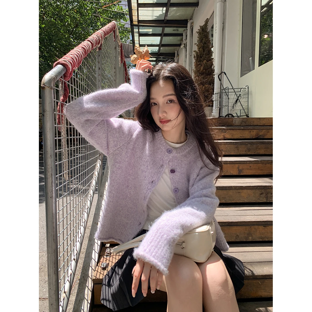 觅定紫色圆领针织开衫外套女秋季小众设计感毛衣短款上衣M3275