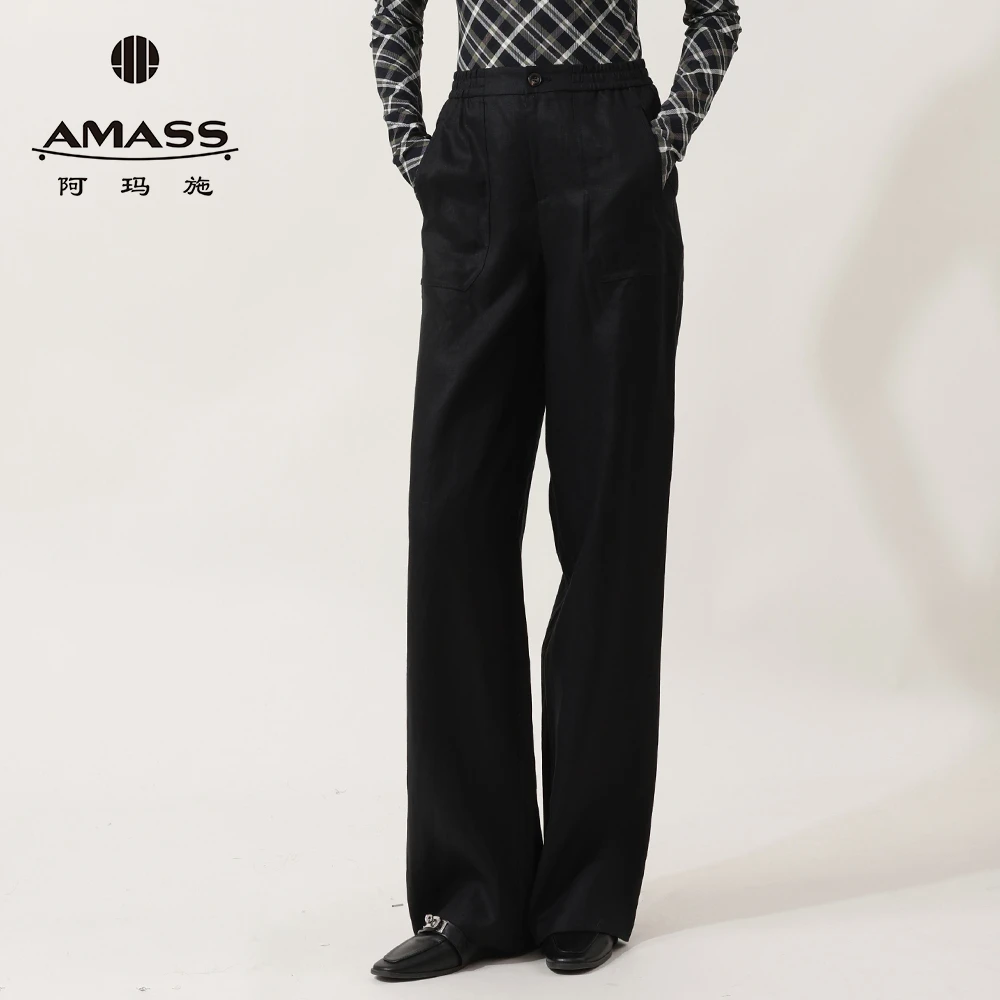 阿玛施AMASS新款休闲阔腿裤宽松简约长裤松紧腰亚麻直筒裤510052