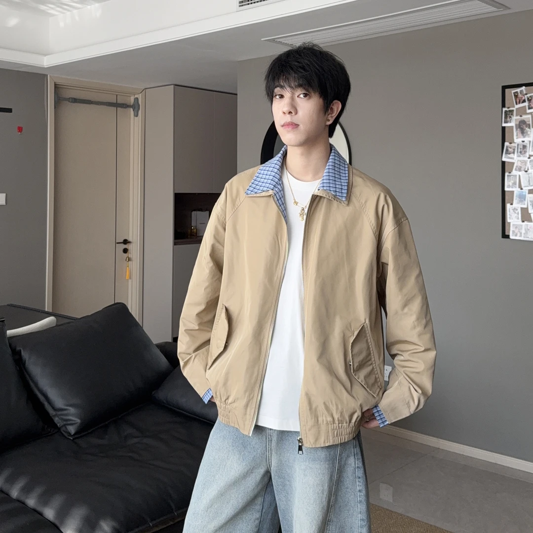 工装拼接短款格子拼接春季外套港风男士宽松飞行夹克帅气百搭翻领
