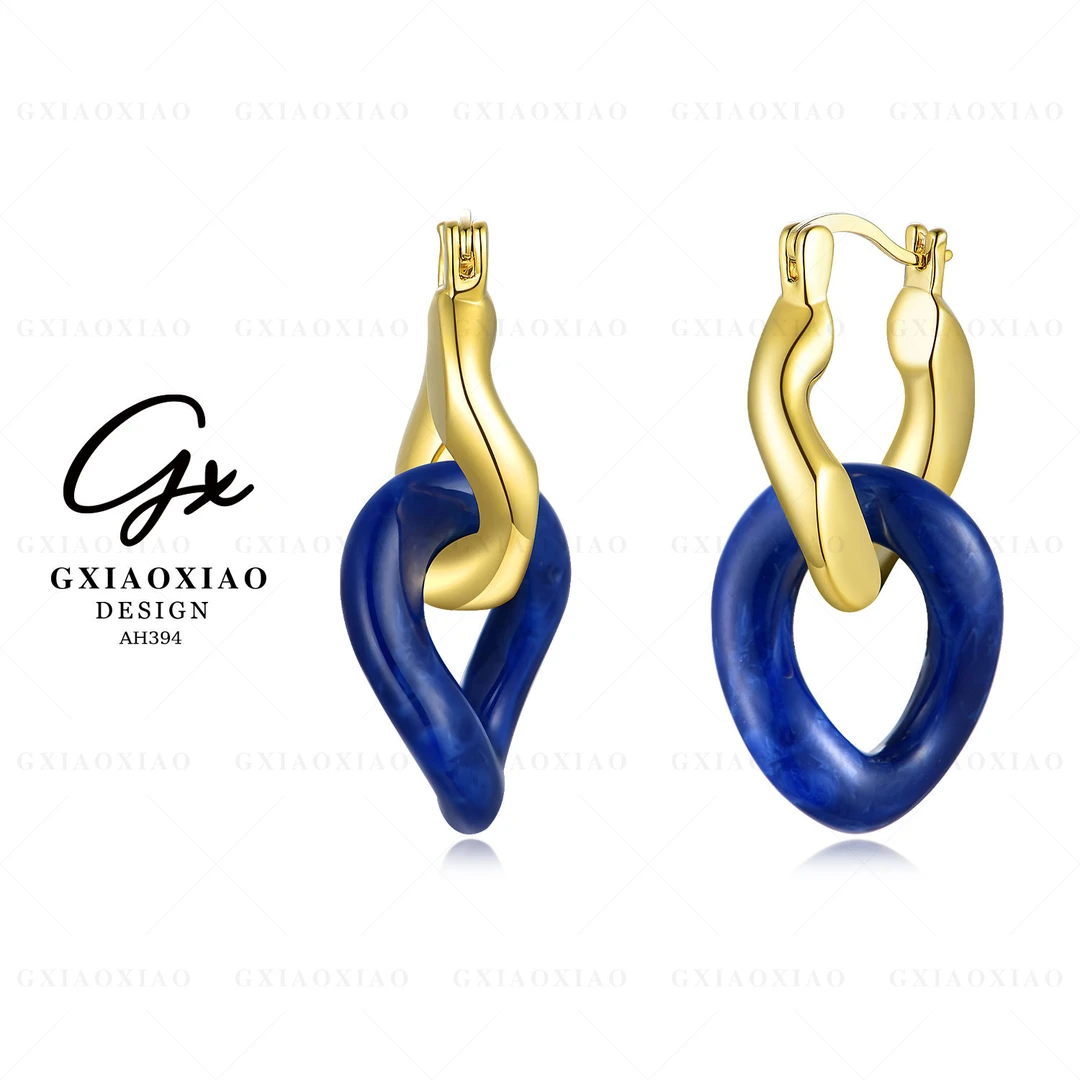 G XIAOXIAO 镀K金 【蓝色之恋】轻奢气质双色环形耳环 AH394