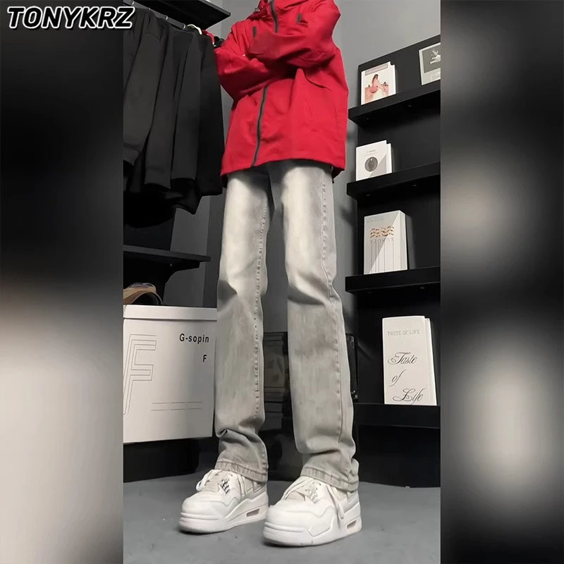 TONYKRZ烟灰色直筒牛仔裤男潮牌修身弯刀休闲裤美式高街vibe裤子