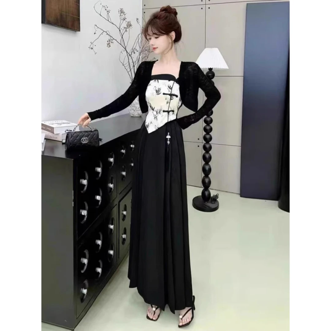 水墨画洋气套装女2025新款国风内搭背心外搭披肩半身裙显瘦三件套