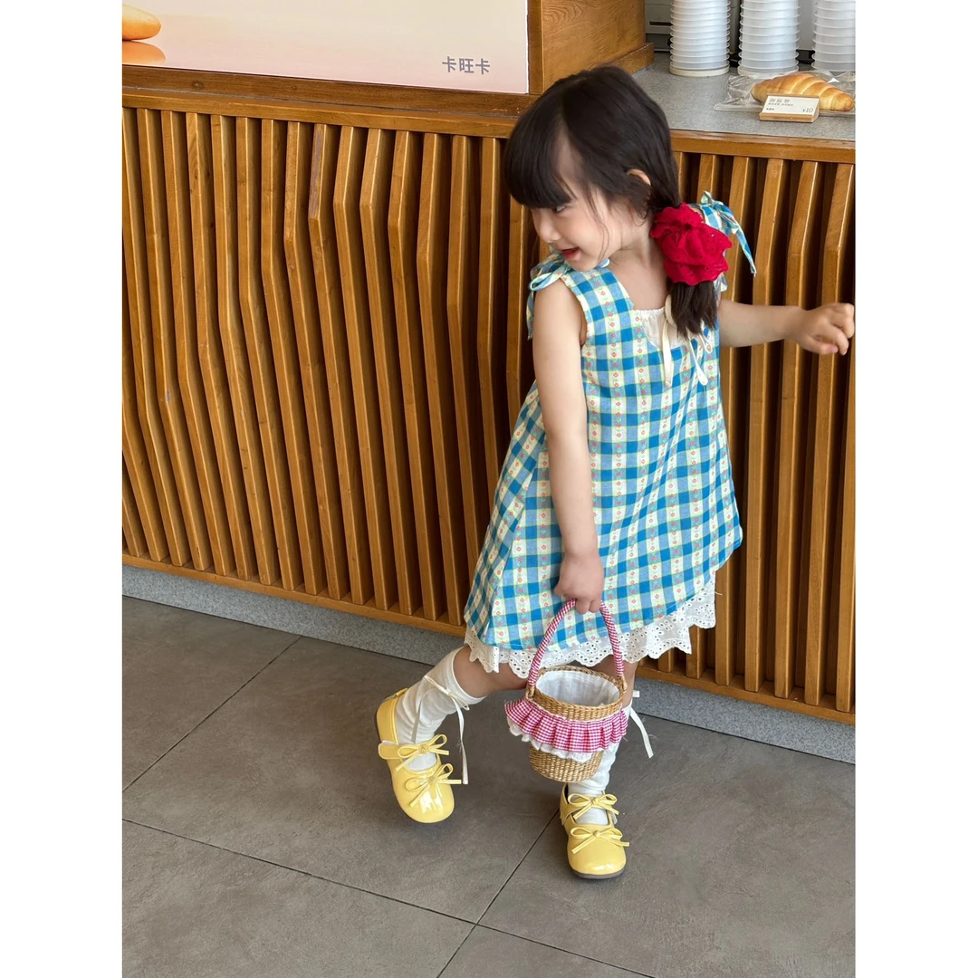 【Y-M】童装女童连衣裙夏季2025新款洋气儿童蓝色格子小香风公主裙