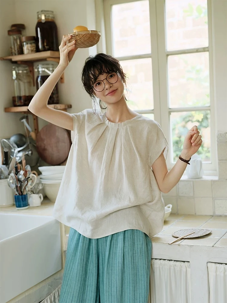 星星精选【情书】小飞袖花瓣领休闲风气质褶皱圆领上衣