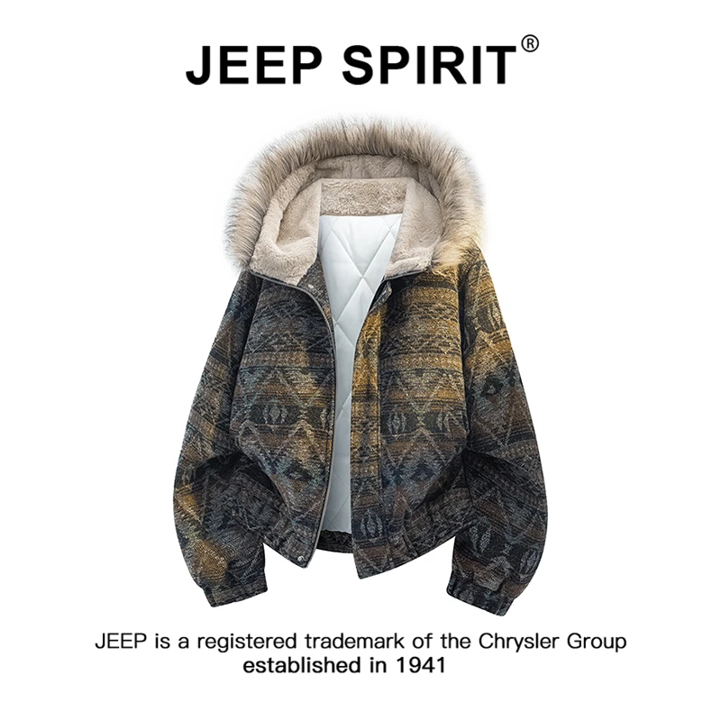 JEEPSPIRIT吉普复古毛领民族风提花棉服男女冬季潮流加厚棉衣外套