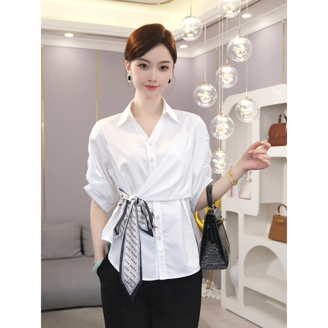唐熹2025春夏季新款【7061】宽松气质设计感五分袖白色衬衫上衣女