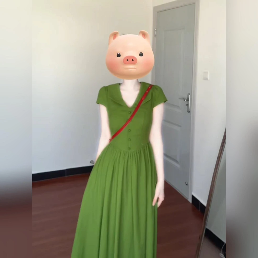 法式复古绿色翻领短袖连衣裙子女夏季独特漂亮绝美气质收腰长裙子