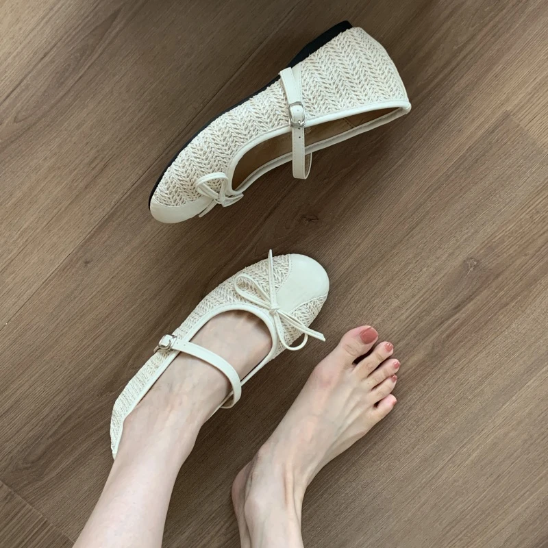 复古编织蝴蝶结内增高浅口夏季单鞋女2025新款春秋芭蕾风玛丽珍鞋