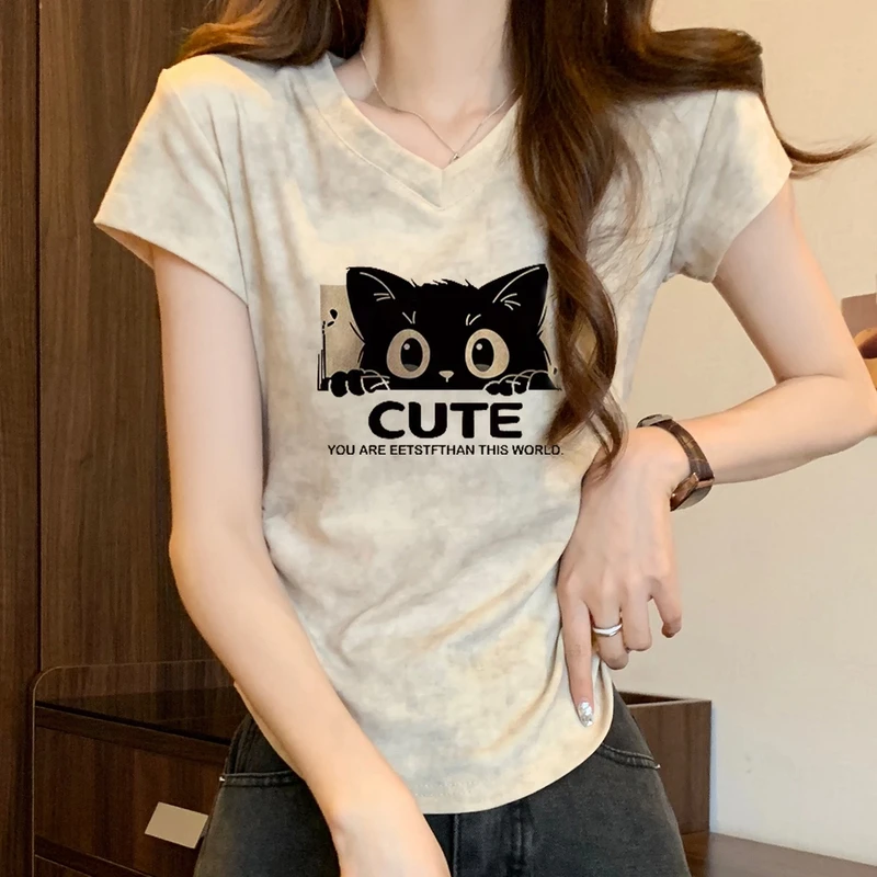 2025年新款夏季扎染猫咪印花短款v领小众正肩t恤显瘦修身百搭上衣