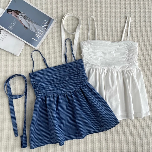 ［巧巧定制］法式新韩版百搭修身显瘦时尚褶皱飘带抹胸吊带上衣6531