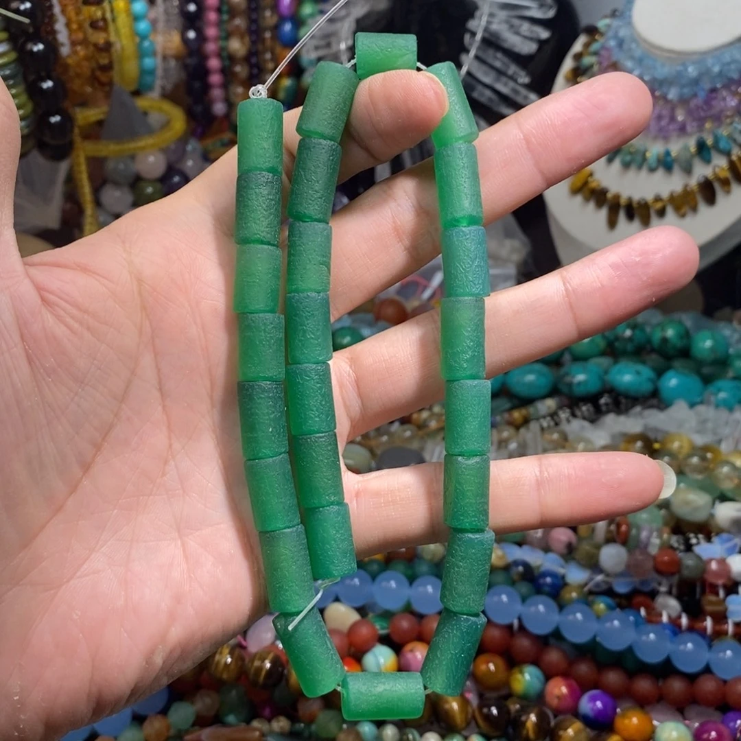 未镶嵌，橘皮绿玛瑙桶珠10×16mm，石英质玉