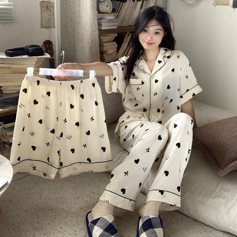 睡衣女款爆款2025新款夏季短袖三件套黑色爱心学生可爱家居服套装