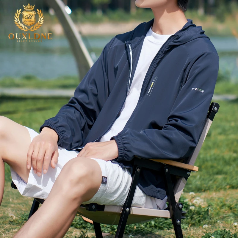 OUXLDNE 冰丝防晒钓鱼服男士夏季新款轻薄透气皮肤衣休闲连帽外套