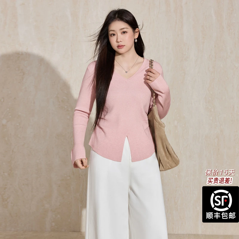 蓝语大码设计感V领开叉长袖针织衫秋冬新款不规则气质显瘦打底衫